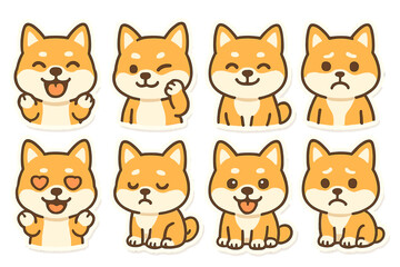 Poster - Cute shiba inu dog sticker set featuring various playful and emotional expressions in a flat vector design style