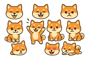 Poster - Colorful vector flat illustration of cheerful shiba inu dogs in various expressions for fun and playful design elements