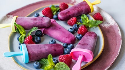 Poster - A plate of frozen treats with blueberry and raspberry flavors, topped with mint leaves, served on a wooden table.