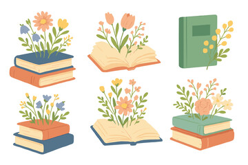 Poster - Colorful vector flat illustration of books with blooming flowers depicting a cozy reading atmosphere