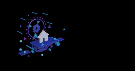 Poster - White kennel symbol on a pedestal of abstract geometric shapes floating in the air. Abstract concept art with flying shapes on the left. 3d illustration on black background