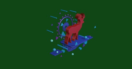 Poster - Red deer symbol on a pedestal of abstract geometric shapes floating in the air. Abstract concept art with flying shapes in the center. 3d illustration on green background