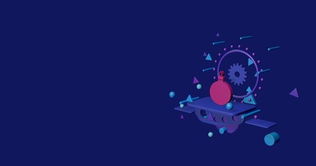 Poster - Pink Christmas tree toy on a pedestal of abstract geometric shapes floating in the air. Abstract concept art with flying shapes on the right. 3d illustration on indigo background