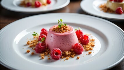 Poster - A dessert plate with raspberry sorbet, crushed nuts, and fresh berries on a white plate.