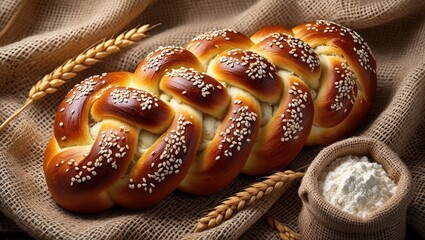 Poster - A loaf of bread with sesame seeds on top, placed next to wheat stalks and a bowl of flour.