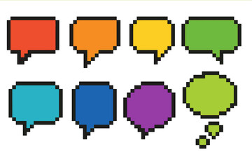 Poster - Colorful pixel speech bubbles arranged in a grid pattern with bright backgrounds expressing different emotions and thoughts