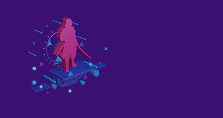 Poster - Pink samurai symbol on a pedestal of abstract geometric shapes floating in the air. Abstract concept art with flying shapes on the left. 3d illustration on deep purple background