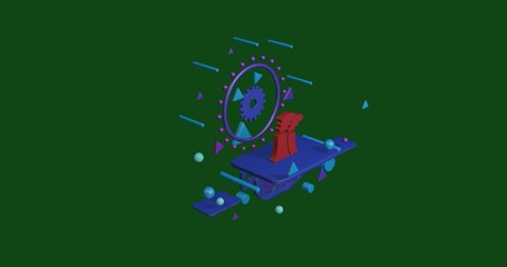 Poster - Red industrial pollution symbol on a pedestal of abstract geometric shapes floating in the air. Abstract concept art with flying shapes in the center. 3d illustration on green background