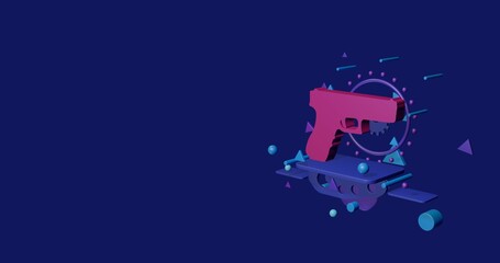 Poster - Pink gun symbol on a pedestal of abstract geometric shapes floating in the air. Abstract concept art with flying shapes on the right. 3d illustration on indigo background