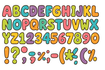 Poster - Colorful vector flat illustration of playful alphabet, numbers, and symbols arranged creatively for educational design and projects