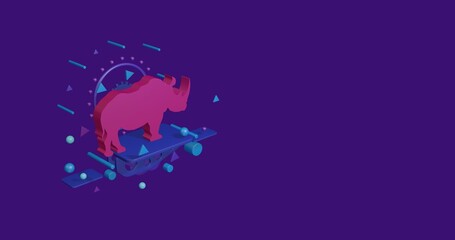 Poster - Pink rhino symbol on a pedestal of abstract geometric shapes floating in the air. Abstract concept art with flying shapes on the left. 3d illustration on deep purple background