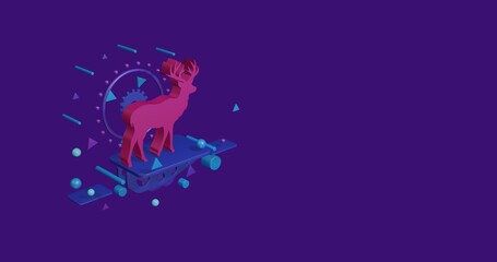 Poster - Pink deer symbol on a pedestal of abstract geometric shapes floating in the air. Abstract concept art with flying shapes on the left. 3d illustration on deep purple background