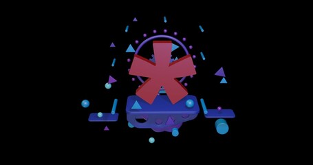Poster - Red multiply symbol on a pedestal of abstract geometric shapes floating in the air. Abstract concept art with flying shapes in the center. 3d illustration on black background