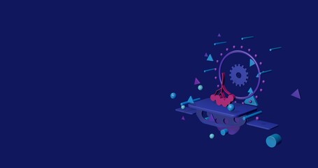 Poster - Pink rowan berry on a pedestal of abstract geometric shapes floating in the air. Abstract concept art with flying shapes on the right. 3d illustration on indigo background