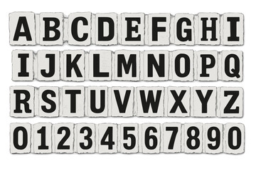 Poster - Black and white flat vector illustration of alphabet letters and numbers arranged neatly on a textured background