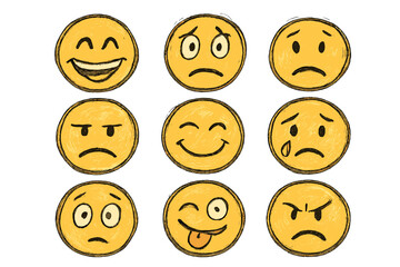 Poster - Collection of colorful smiley faces showing different emotions and expressions in a simple vector flat style illustration