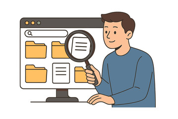 Poster - Man using magnifying glass to search for files on a computer screen during a modern workspace activity