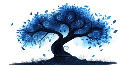 blue fantasy tree, windswept leaves, white background, digital art, website design