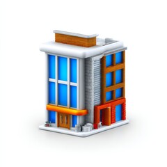 Poster - Cartoon Building with Blue Windows and Textured Exterior: Isometric Architecture on White Backdrop