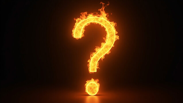 Fiery Question Mark: A captivating, photorealistic rendering of a flaming question mark against a dark backdrop, symbolizing inquiry, mystery, and intrigue.