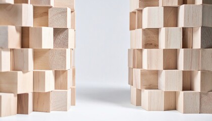 Poster - Creative design of stacked wooden blocks minimalist studio photography soft lighting abstract geometry