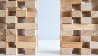 Poster - Creative wooden block stacking techniques indoor workspace photography minimalist design close-up structural concepts