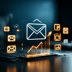 Poster - Email Marketing Surge: Visualizing Growth with a Glowing Envelope Icon and Rising Graph on a Sleek, Modern Interface