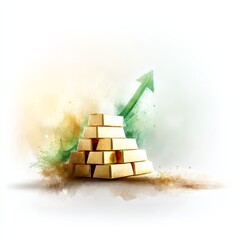 Poster - Gold Bars Stacked with Rising Arrow: An Illustration of Market Growth & Financial Success in a Watercolor Style