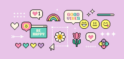 Poster - Y2k Pixel game elements and stickers of Good Vibes 90's aesthetics (set 2). 8-bit retro computer game background. Simple geometric forms. Playful Pixel Icons pack 
