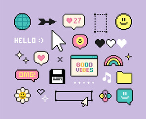 Poster - Y2k Pixel game elements and stickers of Good Vibes 90's aesthetics. 8-bit retro game background. Simple geometric forms. Playful PC Pixel Icons pack (set 1)
