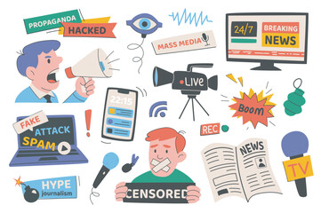 Fototapete - Breaking news set in flat graphic design. Collection isolated elements of message badges, propaganda, mass media, online website, fake news, spam attack, hype journalism, other. Vector illustration.
