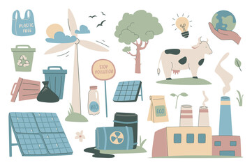 Poster - Ecology set in flat graphic design. Collection isolated elements of bag plastic free, recycling waste, solar panel, wind turbine, forest tree, local farm, support earth, other. Vector illustration.