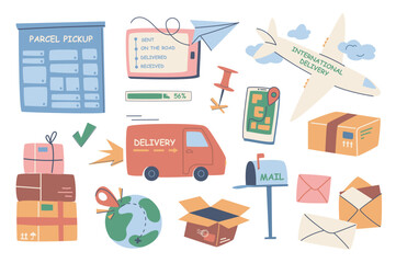 Aufkleber - Worldwide delivery set in flat graphic design. Collection isolated elements of parcel pickup, tracking information in app, international airplane shipping, letter, mailbox, other. Vector illustration.