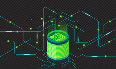 Poster - Isometric concept of big data processing. Server energy station of future. Network mainframe infrastructure. Isometric high technology concept