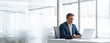 © Stock 4 You - Professional investor manager using pc laptop computer sitting at desk workplace in office. Busy senior financial expert analyst in suit working on concentrated on trade strategy. Banner, copy space