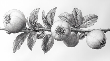 Peach branch sketch on white fruit, leaves, stem detail