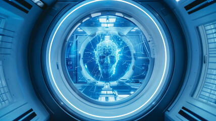 Aufkleber - This blue-lit digital brain symbolizes consciousness transfer in space.