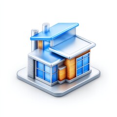 Poster - Stylized 3D Modern House Icon with Blue Accents and Wood-Like Interior, on a White Background, Professional Rendering