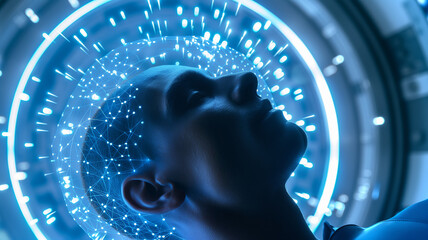 Aufkleber - This human head with a glowing neural network symbolizes advanced memory upload technology.