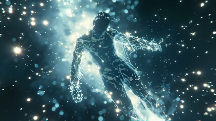 Aufkleber - This figure symbolizes digital consciousness amidst a backdrop of stars and cosmic elements.