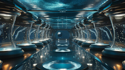 Poster - This high-tech chamber illustrates the concept of consciousness transfer in space, with Earth visible.