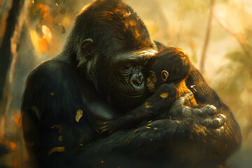 tender moment between mother gorilla and her baby in nature