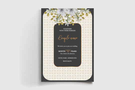 WEDDING INVITATION FRAME WITH FLOWER DECORATIONS AND FRESH LEAVES