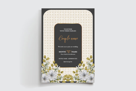 WEDDING INVITATION FRAME WITH FLOWER DECORATIONS AND FRESH LEAVES