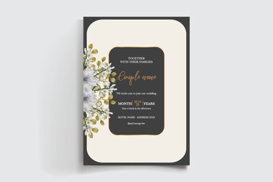 WEDDING INVITATION FRAME WITH FLOWER DECORATIONS AND FRESH LEAVES