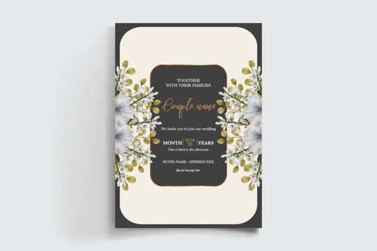 WEDDING INVITATION FRAME WITH FLOWER DECORATIONS AND FRESH LEAVES