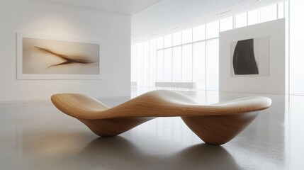 Poster - A conceptual artistic bench with fluid, wave-like curves in a minimalist gallery.