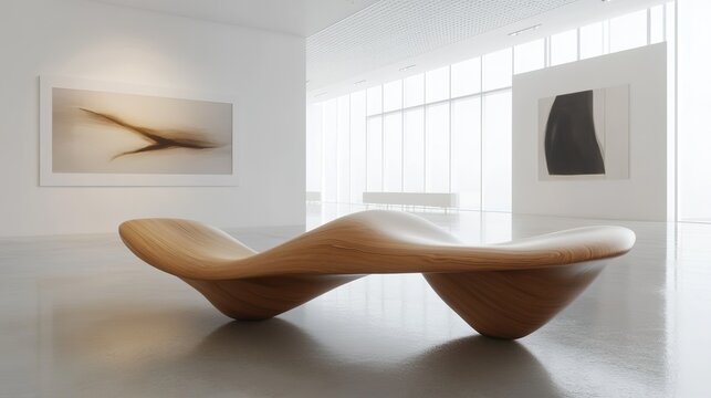 A conceptual artistic bench with fluid, wave-like curves in a minimalist gallery.