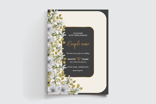 WEDDING INVITATION FRAME WITH FLOWER DECORATIONS AND FRESH LEAVES