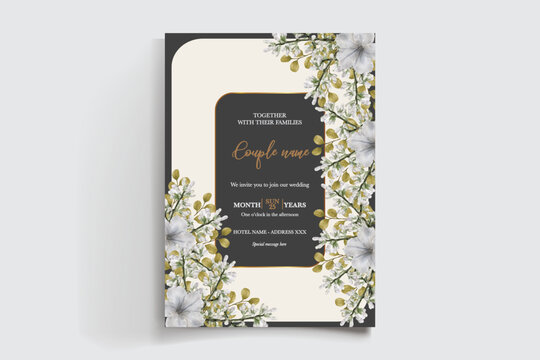 WEDDING INVITATION FRAME WITH FLOWER DECORATIONS AND FRESH LEAVES